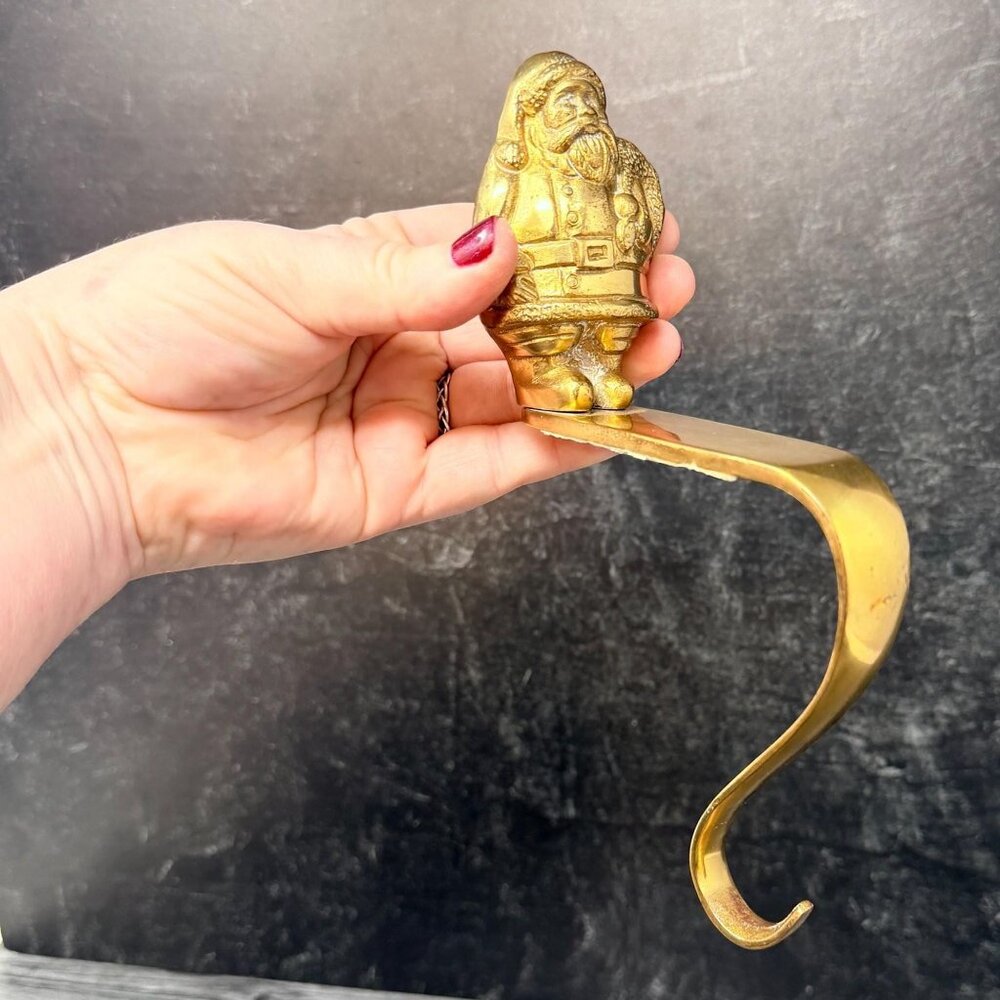 Vintage Brass Santa Stocking Holder 8" Mantel Hook 1980s w/‎ Box